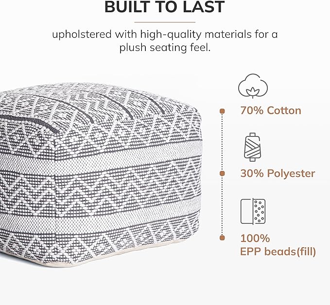 Anji Mountain 100% Handmade & Handcrafted Comfortable Home Décor Pouf Ottoman Footrest for Living Room, Bedroom, Nursery, Kidsroom, Patio Furniture - (22" x 22" x 16"- Gray,Ivory)