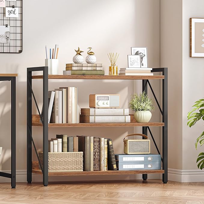 HOOBRO Bookshelf, 3-Tier Industrial Bookcase, Book Shelf Storage Organizer, Bookshelf with Metal Frame for Living Room, Bedroom, Home Office, Kitchen, Rustic Brown and Black BF718SJ01