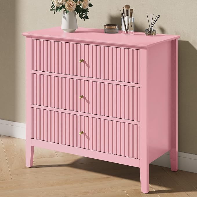 Pink 3 Drawer Dresser Set of 2, Painted 30 Inch Tall Wood Nightstand with Storage, Wide Modern Chest of Drawers with Ball Bearing Slide for Bedroom Hallway Living Room Entryway Office