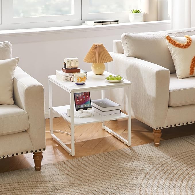 Living Room Large Side Table, End Table with Charging Station, Refrigerator Stand Printer Table with Adjustable Shelves, Office Square Coffee Table with USB Ports White YD-TM153WD
