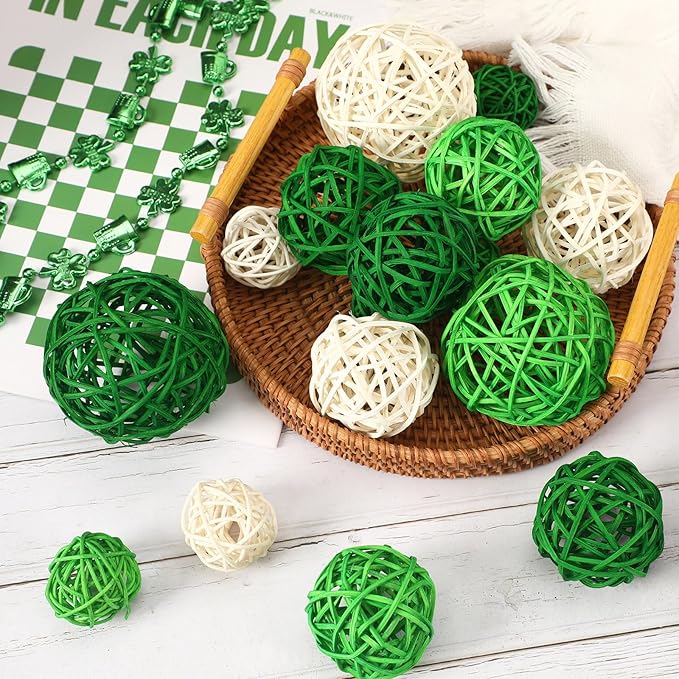 SANNIX 16 Pcs St Patricks Day Vase Filler Wicker Rattan Orbs Decorative Balls for Bowls, St. Patrick's Day Green Rattan Balls Decor for Green Spring Home Decorations