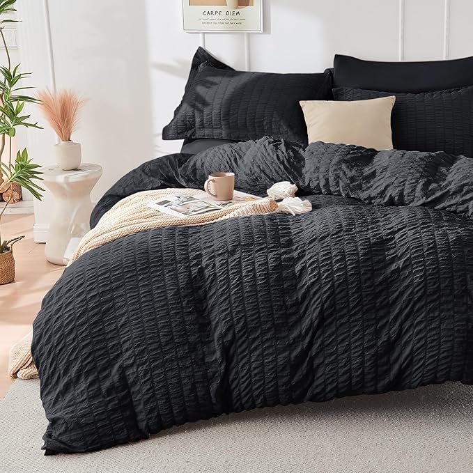 HYMOKEGE Black Queen Comforter Set Seersucker 7 Pieces, All Season Luxury Bed in a Bag for Bedroom, Bedding Set with Comforters, Sheets, Pillowcases & Shams