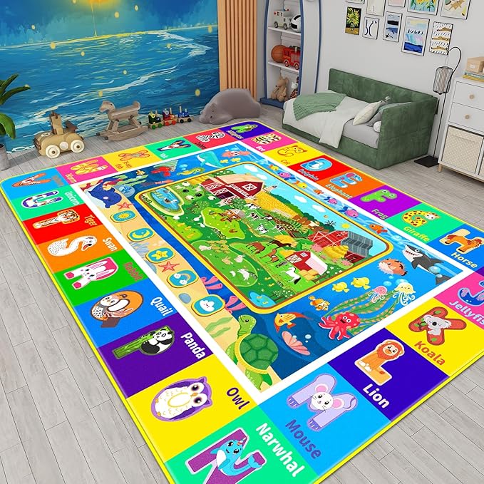 Kids Rug for Playroom, ABC Educational Rug with Farm Sea Animal Print, Floor Play Mat Carpet for Bedroom Nursery Preschool Classroom (59 X 39.4 INCH, Farm)