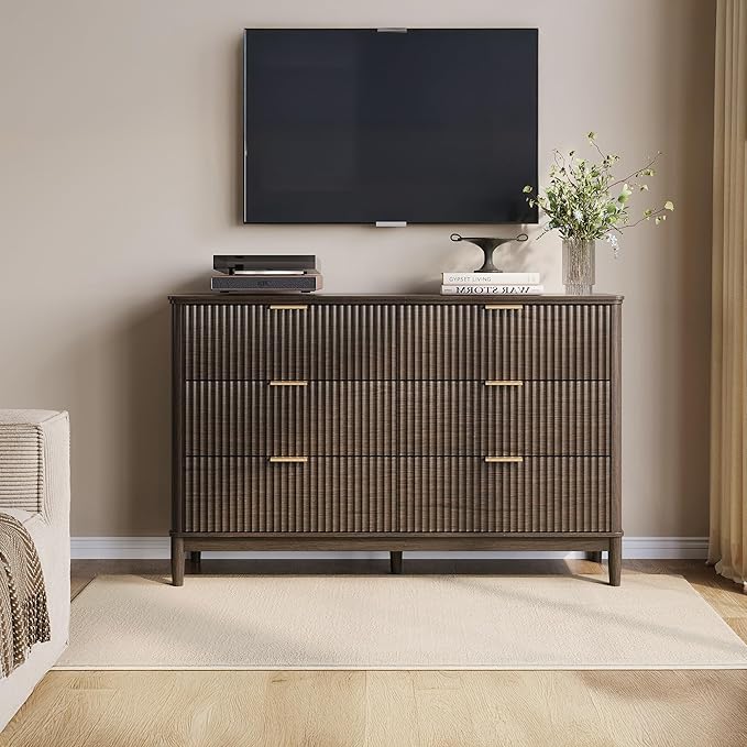 LINSY Fluted 6 Drawer Dresser for Bedroom, 54" Wide Mid-Century Modern Tall Chest of Drawers, Curved Corner Design, Storage Dressers with Deep Drawers, Large Accent Wood Cabinet for Bedroom, Walnut