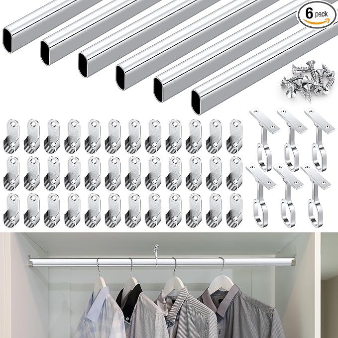 Tandefio Chrome Closet Rod 92 Inch with Oval Closet Rod 6 End Supports for Laundry Room Hanging Clothes Waterproof Shower for Curtains(Silver,6 Sets)