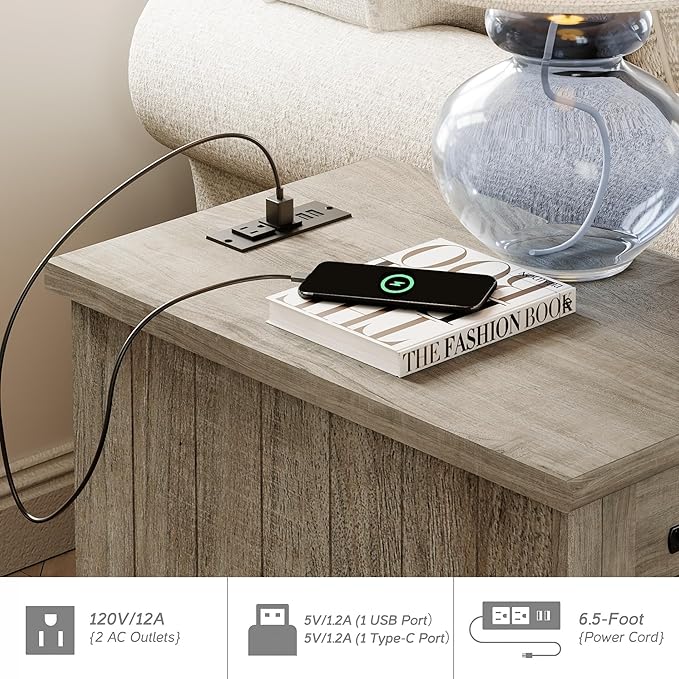 WAMPAT Set of 2 End Tables with Charging Station, Grey Side Table with Storage Cabinet & Drawer, Wooden Nightstands with Power Outlets & Type-C USB Port for Bedroom, Living Room