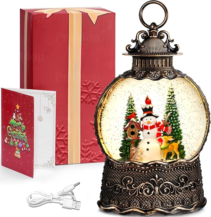 Snowman Snow Globe Christmas Decorations Indoor Deer Cardinal Snowman Gifts Classic Relief Texture Musical Glitter Snowfall USB/Battery Timer Lantern 10.6 inch