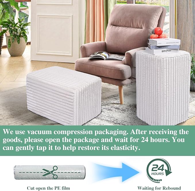 Rectangular Stuffed Pouf Ottoman with Foam Chunk Filling, Coral Fleece and Furry Fabric Design, Multi-Functional Floor Pouf for Living Room,Wide Stripe, White