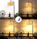 Floor Lamp for Living Room Bedroom Farmhouse Arc Rattan Boho Standing Lamp with Remote Dimmable Black Wicker Bamboo Lamp Shade Floor Light Adjustable Tall Lamp Industrial Floor Lamps Bohemian