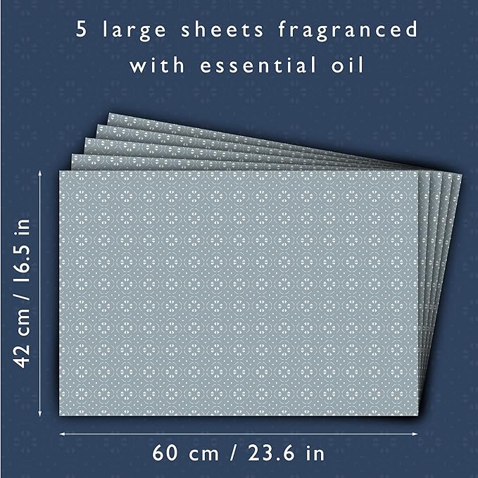 The Master Herbalist Fragrant Scented Drawer Liners in a Geometric Print (Folded) | Natural | Pack of 5 Sheets | Contains Essential Oils | Made in The UK (Dusk Blue | Fresh Linen, Folded)