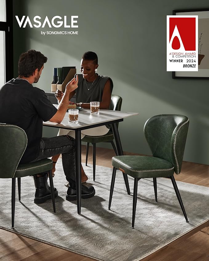 VASAGLE EKHO Collection - Dining Chairs Set of 4, Upholstered Kitchen Chairs, Comfortable Seat, Synthetic Leather with Stitching, Mid-Century Modern, Easy Assembly, Living Room Lounge, Forest Green