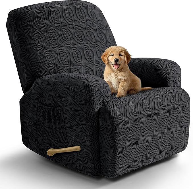 VANSOFY Recliner Chair Covers, 4-Pieces Stretch Recliner Cover Jacquard Soft Reclining Chair Slipcover Furniture Protector with Elastic Bottom for Lazy Boy Recliner(Black)