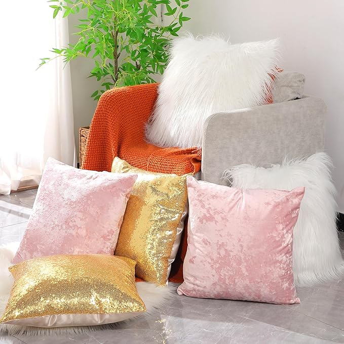 Pack of 6 Decorative Velvet Throw Pillow Covers Solid Square Soft Pillowcase Set Cushion Cases for Sofa Couch Bed Car Christmas Fall Home Decor 18 x 18 inch(Pink Gold White)