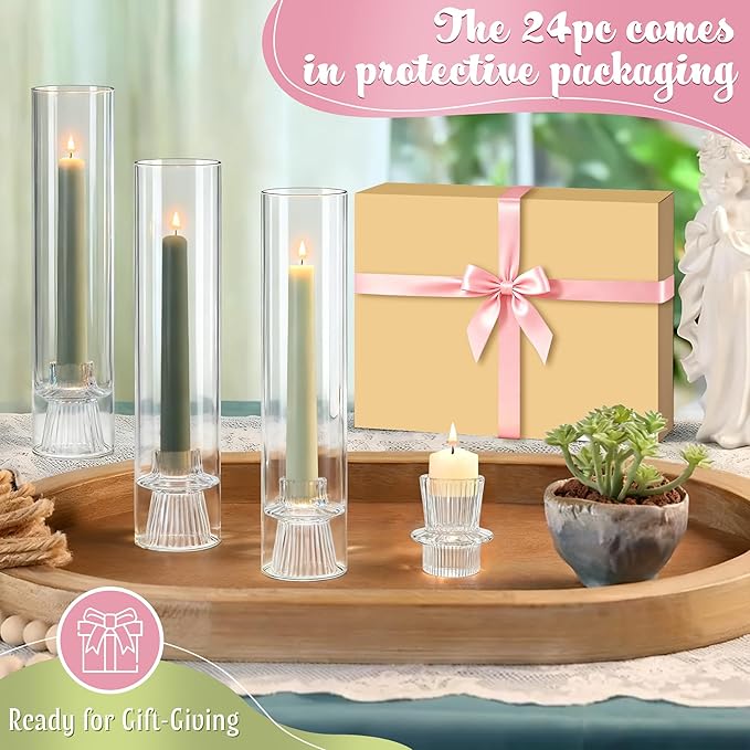 24 Set Glass Hurricane Candle Holders - 12" Tall Clear Glass Candlestick Holders for Taper Candles with Cylinder Chimney for Wedding, Party, and Home Table Centerpiece Decoration
