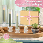 24 Set Glass Hurricane Candle Holders - 12" Tall Clear Glass Candlestick Holders for Taper Candles with Cylinder Chimney for Wedding, Party, and Home Table Centerpiece Decoration