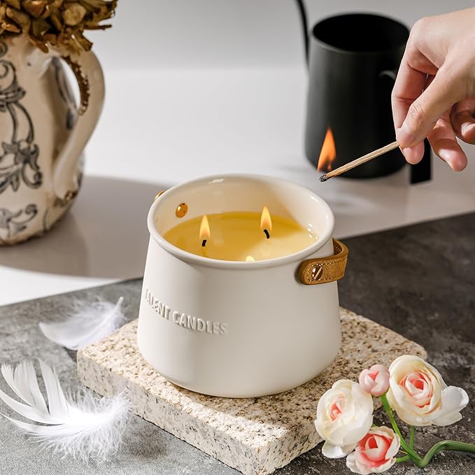 Candles for Home Scented - Scandinavian Style 3 Wick Candle - 30 Hours Long-Lasting Ceramic Candle Jar - Soy Candles Non Toxic with Minimalist Design - Grapefruit Rose