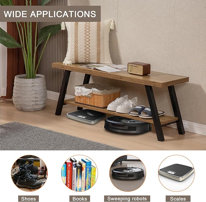 Entryway Bench, Farmhouse Indoor Entry Way Shoe Benches Seat, Industrial Metal Shoe Storage Bench Organizer for Living Room, Bedroom, Hallway (Rustic Oak)