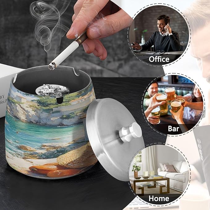 Seaside House Painting Ashtray with Lid, Outdoor Ashtrays for Patio, Stainless Steel Ashtray Odorless Smokeless for Home Office Balcony