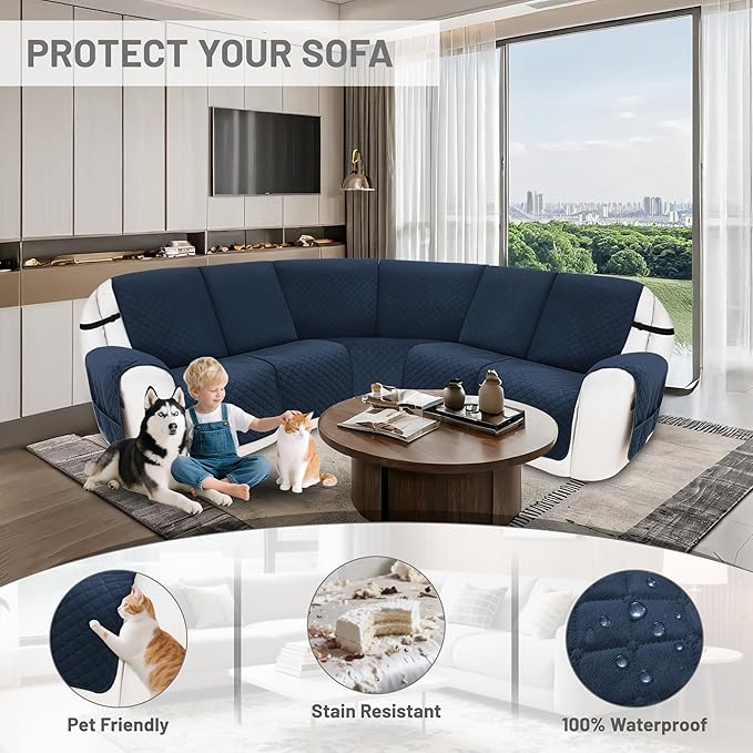Reclining Sectional Couch Covers 100% Waterproof Velvet L Shape Recliner Sofa Cover for Dogs Pets Washable Anti Slip Recliner Slipcovers with Pockets (5 Seat Sofa, Navy Blue)