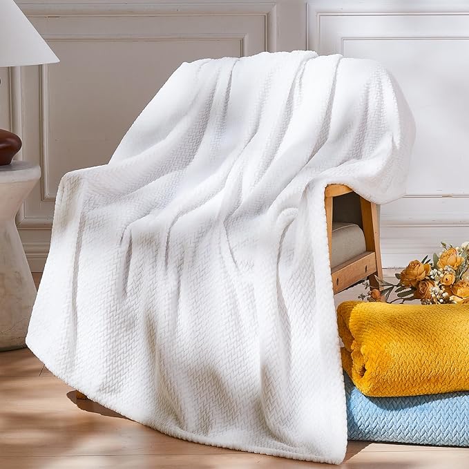 NEWCOSPLAY Super Soft King Blanket White Premium Silky Flannel Fleece Leaves Pattern Lightweight Bed Blanket All Season Use (White, King(90"x110"))