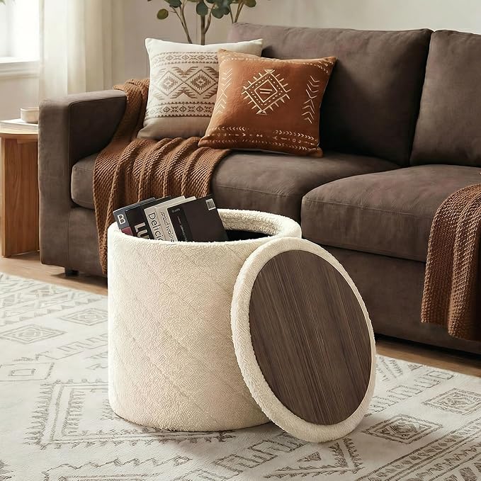17" Foldable Boucle Round Storage Ottoman,Space-Saving Footrest/Seating/Coffee Table for Small Apartments,Dorms & Bedrooms-White