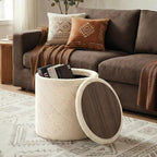 17" Foldable Boucle Round Storage Ottoman,Space-Saving Footrest/Seating/Coffee Table for Small Apartments,Dorms & Bedrooms-White
