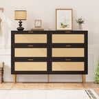 GarveeHome Rattan 6 Drawer Dresser, Modern Chest of Drawers with Gold Legs and Gold Handles, Wide Double Dresser with Large Tabletop and Anti-Tipping Design for Bedroom Living Room, Black