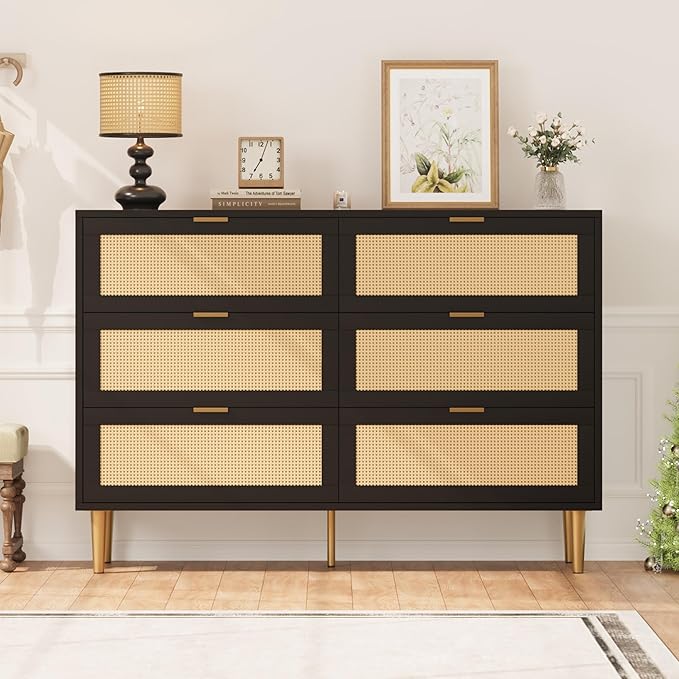GarveeHome Rattan 6 Drawer Dresser, Modern Chest of Drawers with Gold Legs and Gold Handles, Wide Double Dresser with Large Tabletop and Anti-Tipping Design for Bedroom Living Room, Black