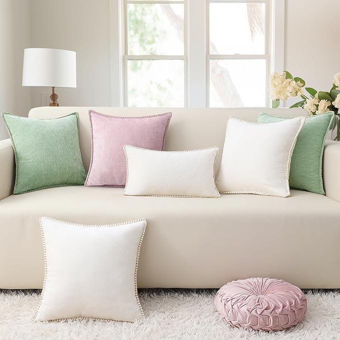 decorUhome Spring Chenille Soft Cozy Throw Pillow Covers 18x18 Set of 2, Modern Farmhouse Boho Velvet Decorative Pillow Cases with Stitched Edge for Couch Sofa Bed Home Decor, Sage Green