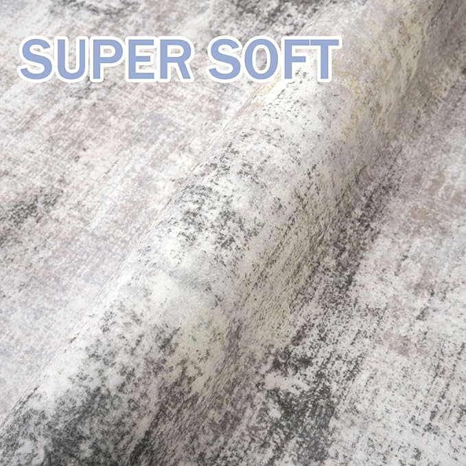 IOHOUZE Abstract Runner Rug 2x8 Ft Washable Runners for Hallways, Non Slip Kitchen Runner Printed Faux Wool Entryway Runner Indoor, Modern Abstract Floor Carpet for Hall Kitchen Bedroom, Grey Beige