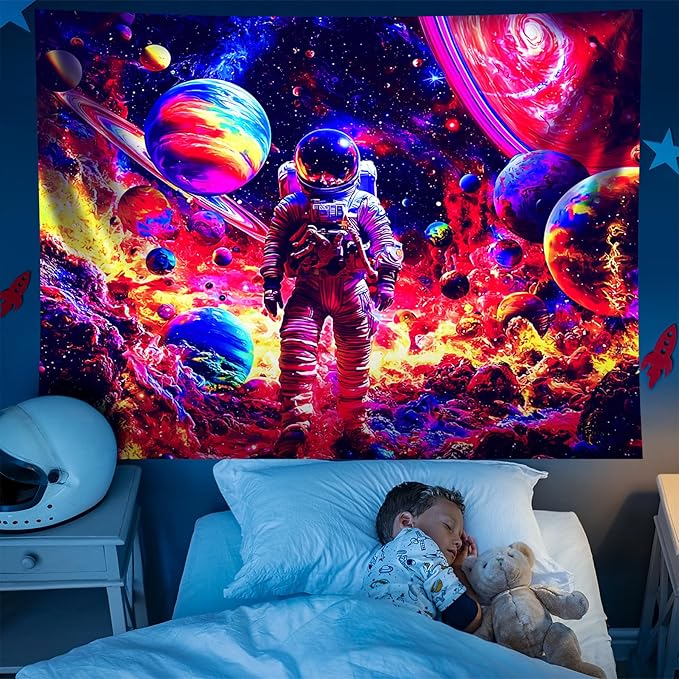 NYZE Astronaut Space Tapestry for Bedroom, Glow in the Dark Room Decor Wall Tapestries, Cool Galaxy Planet Wall Hanging, Wall Hanging for Men Guys Gamer Room Dorm Living Room 90in×70in