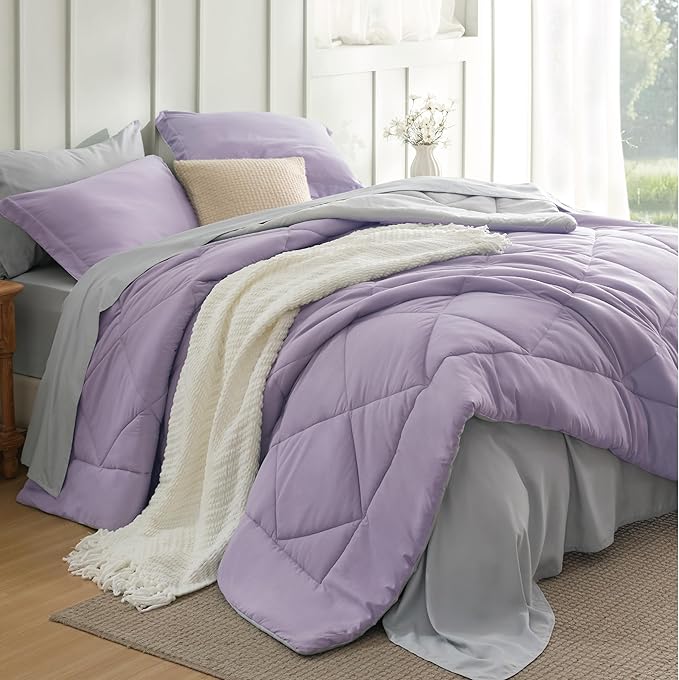 Bedsure Queen Comforter Set - 7 Pieces Reversible Light Purple Bedding, Queen Size Bed Set for All Seasons, Bed in a Bag with Down Alternative Comforter, Sheets, Pillowcases & Shams