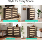 LINSY Rattan 5 Drawer Dresser for Bedroom, 46" Tall Mid-Century Modern Chest of Drawers, Deep Storage Dresser with Curved Corner Design, Large Accent Wood Cabinet for Bedroom, Walnut