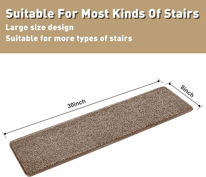 PURE ERA Carpet Stair Treads Tape Free Non Slip Indoor Stair Carpet Stair Protectors Pet-Friendly Non-Slip Skid Resistant Washable Reusable 8" x 30"(2 Pieces,Camel Brown)