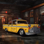 Retro Handmade Yellow NYC Classic Checkered Taxi Cab Model 11" L New York City Taxi Model Hand Made Metal Collectible Vehicle Model for Showcase Decor