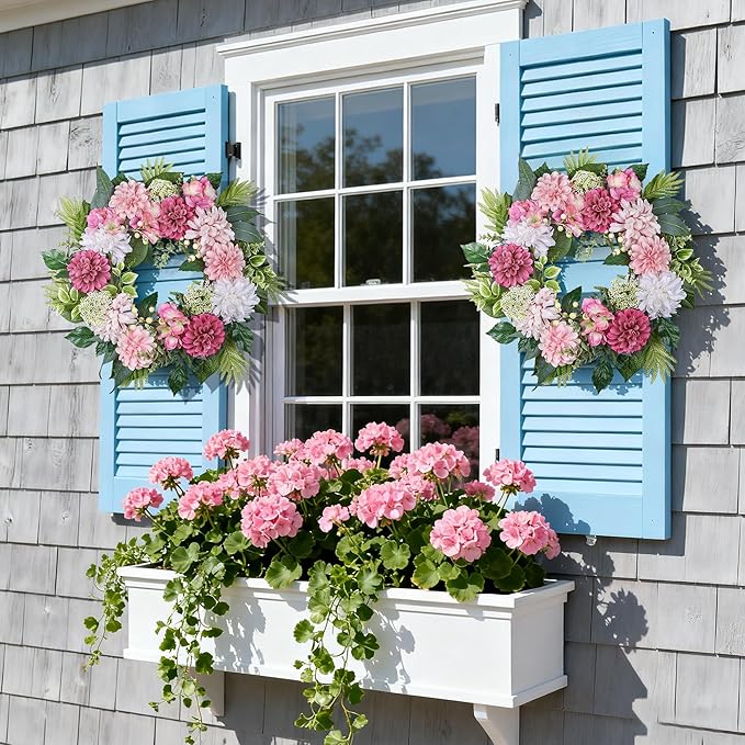 24-Inch Spring Wreath for Front Door with Hydrangeas Dahlias Daisy Silk Flowers and Berry Greenery for All Seasons Indoor Outdoor Wedding Farmhouse Porch Wall Living Room Home Wedding Decor