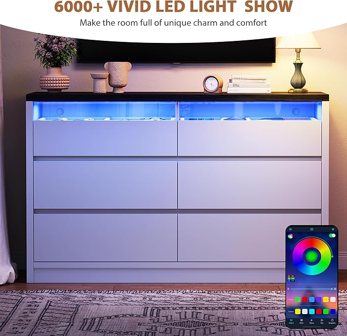 Modern LED 6 Drawer Dresser for Bedroom, White Large Chest of Drawers with Hidden Handles, Long Double Wooden Dresser Closet for Living Room, Entryway, Hallway - White