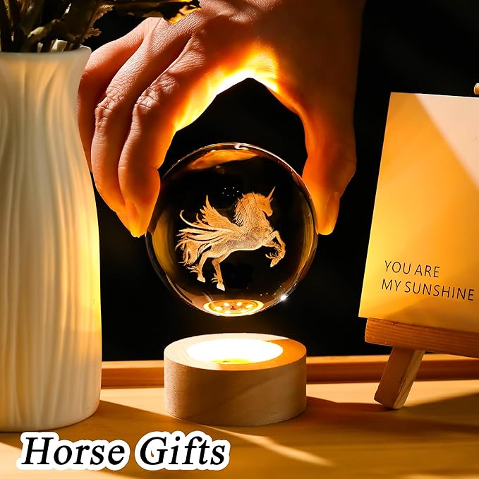 3D Unicorn Crystal Ball with Wooden Light Base Glass Unicorns Figurine Gifts for Women Daughter Lovers for Birthday Valentine's Day Christmas Decor Lamp Paperweight (Diameter 2.36 inches)