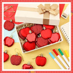JULMELON 24Pcs Back to School Ornaments, A-pples Tree Decorations Red Shiny Matte Glitter Apples Hanging Ornaments with Rope for First Day of School Party Birthday Classroom Supply Decorations
