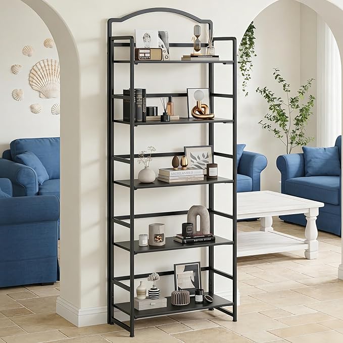 JSB No Assembly Folding Bookshelf, 5 Tier Book Shelf for Storage, Vintage Wood Foldable Bookcase for Living Room, Bedroom, Office Organization Shelves