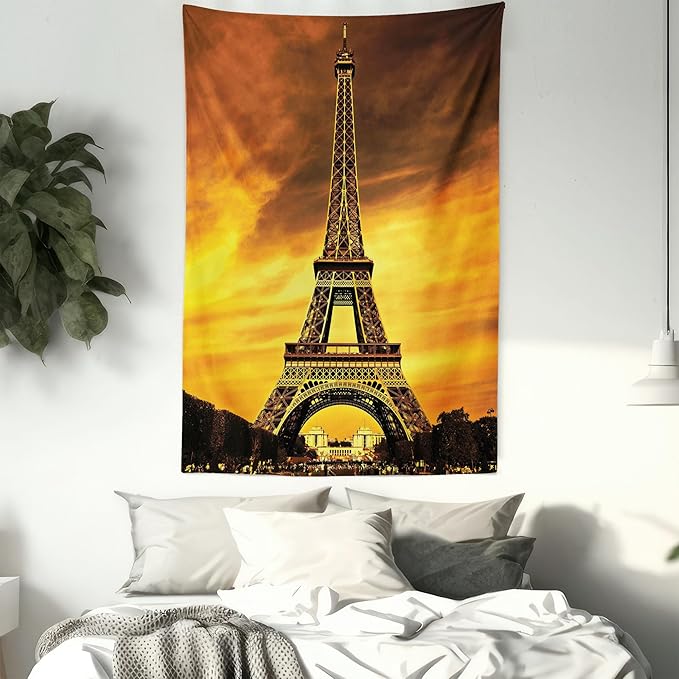 Ambesonne Eiffel Tower Tapestry Queen Size, Paris Love City Monument in Dramatic Sunrise Picture of French Landmark, Wall Hanging Bedspread Bed Cover Wall Decor, 88" X 88", Yellow Brown