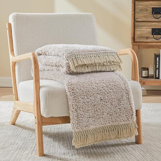 EMME Soft Sherpa Fleece Blanket with Tassel, Reversible Plush Fluffy Large Blanket, Light Weight Warm Decorative Boho Blanket Cover for Sofa, Couch, Bedroom,Travel(Tassel Khaki,60"x80")