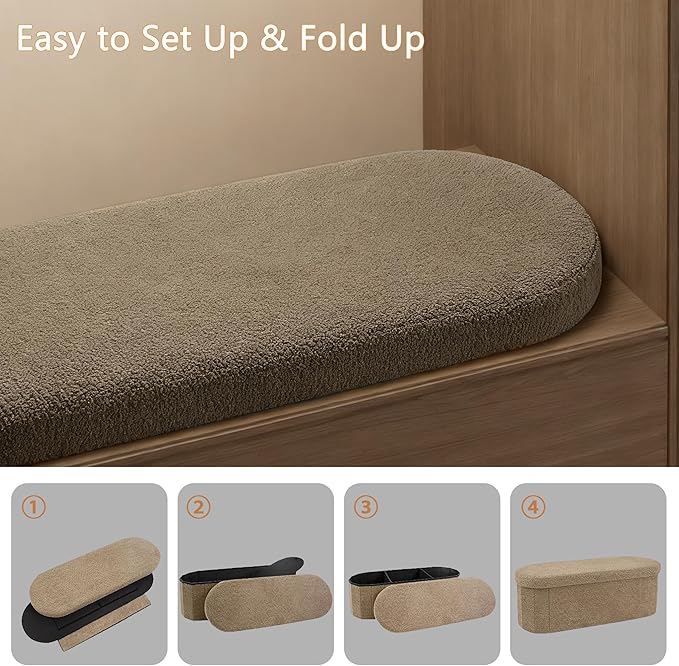 GLAXYFUR Oval Storage Ottoman Bench, Sherpa Foot Rest, 43 Inch Folding Chest for Living Room, Bedroom, Brown