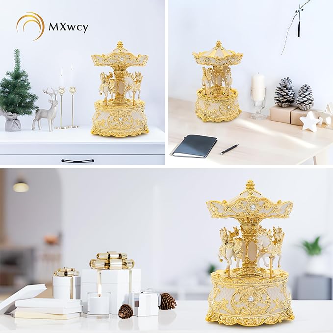 Carousel Music Box Gold & Ivory 8.7" Rotate Christmas Music Box for Kids & Adults, Classic Wind up Cylinder Music Box Birthday Gifts for Women Girls Mom, Carousel Horse Musical Lantern Home Room Decor