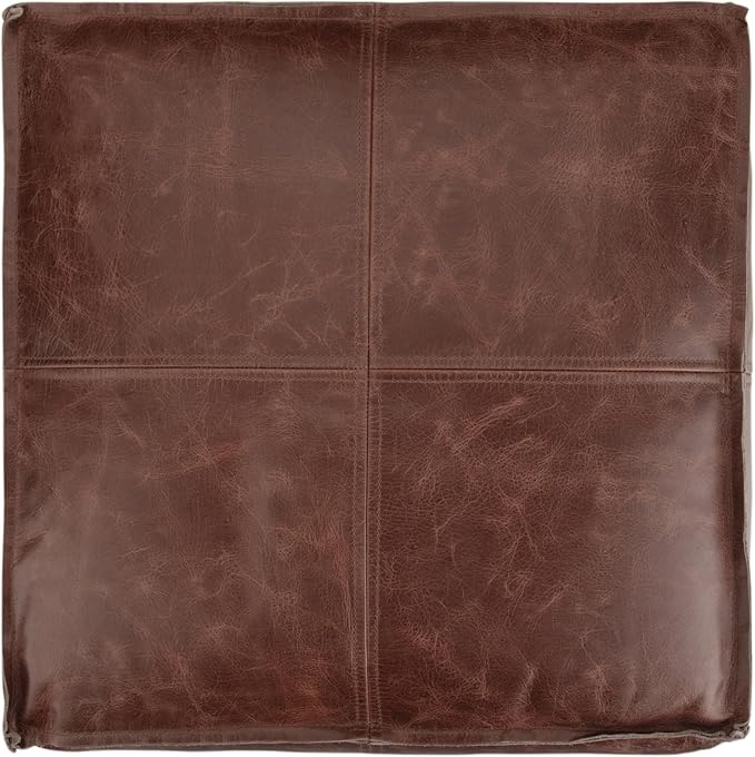 SIMPLIHOME Sheffield Square Pouf - 18 inch Wide Genuine Leather Ottoman in Brown, Boho-Style Footrest, Extra Seating, or Accent Piece for Living Room or Bedroom, Assembled