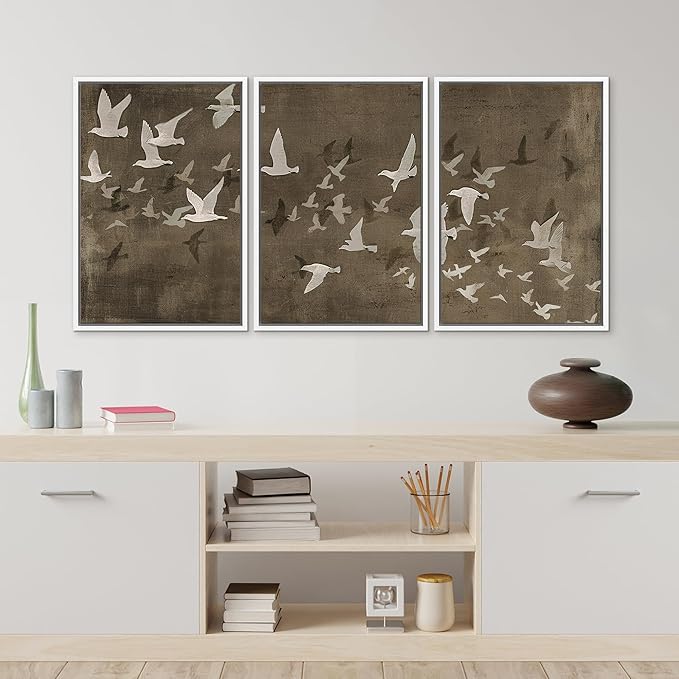 MUDECOR Framed Wall Art Print Set Flock of Abstract Birds in Flight Earthy Tones Illustrations Modern Art Boho Decorative Colorful Chic for Living Room, Bedroom, Office - 16"x24"x3 White