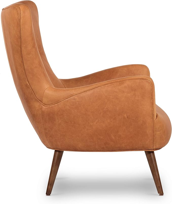 Poly & BARK Aida Leather Lounge Chair Set of 2 – 40.5” Mid-Century Accent Chairs for Living Room or Bedroom – Full-Grain Italian Leather, Feather-Down Comfort, Solid Wood Legs – Cognac Tan