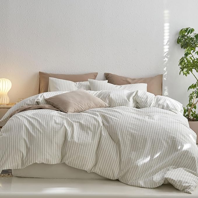 MooMee Striped Duvet Cover Set 100% Washed Cotton Linen Like Textured Breathable Durable Soft Comfy (White Sage Green Wide Stripes, Oversized King Plus 128"x120")