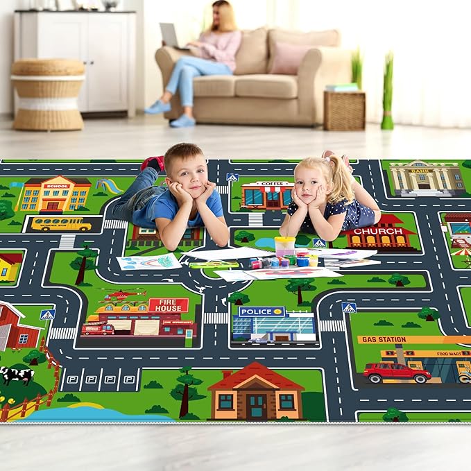 Kids Car Playmat, Kids Rug for Playroom Car Mat Town City Road Traffic Rugs, Play Mat for Floor, Extra Large Boys Kid Car Track Play Rug (Style Four, 78.7X 59 INCH)