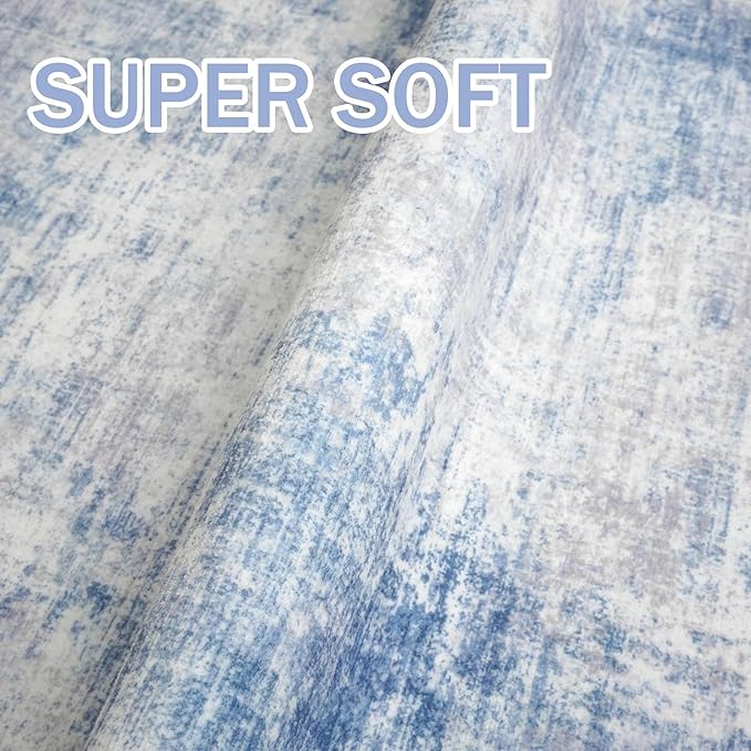 IOHOUZE Abstract Runner Rug 2x10 Ft Washable Runners for Hallways, Non Slip Kitchen Runner Printed Faux Wool Entryway Runner Indoor, Modern Abstract Floor Carpet for Hall Kitchen, Light Blue White